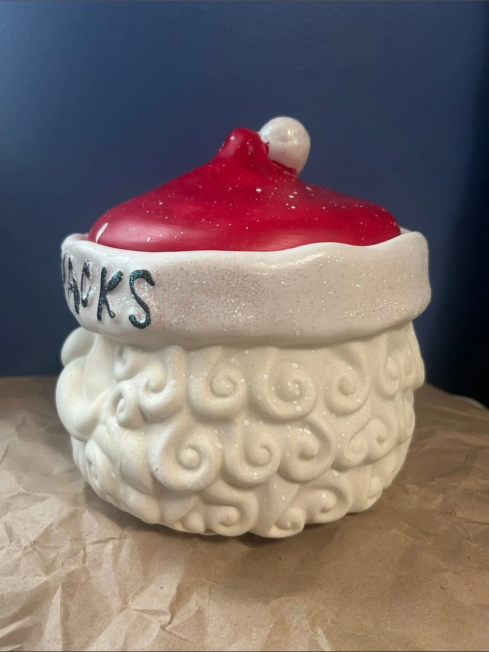 Santa Snacks Christmas Ceramic Cookie Jar with Lid Red and White sparkles.